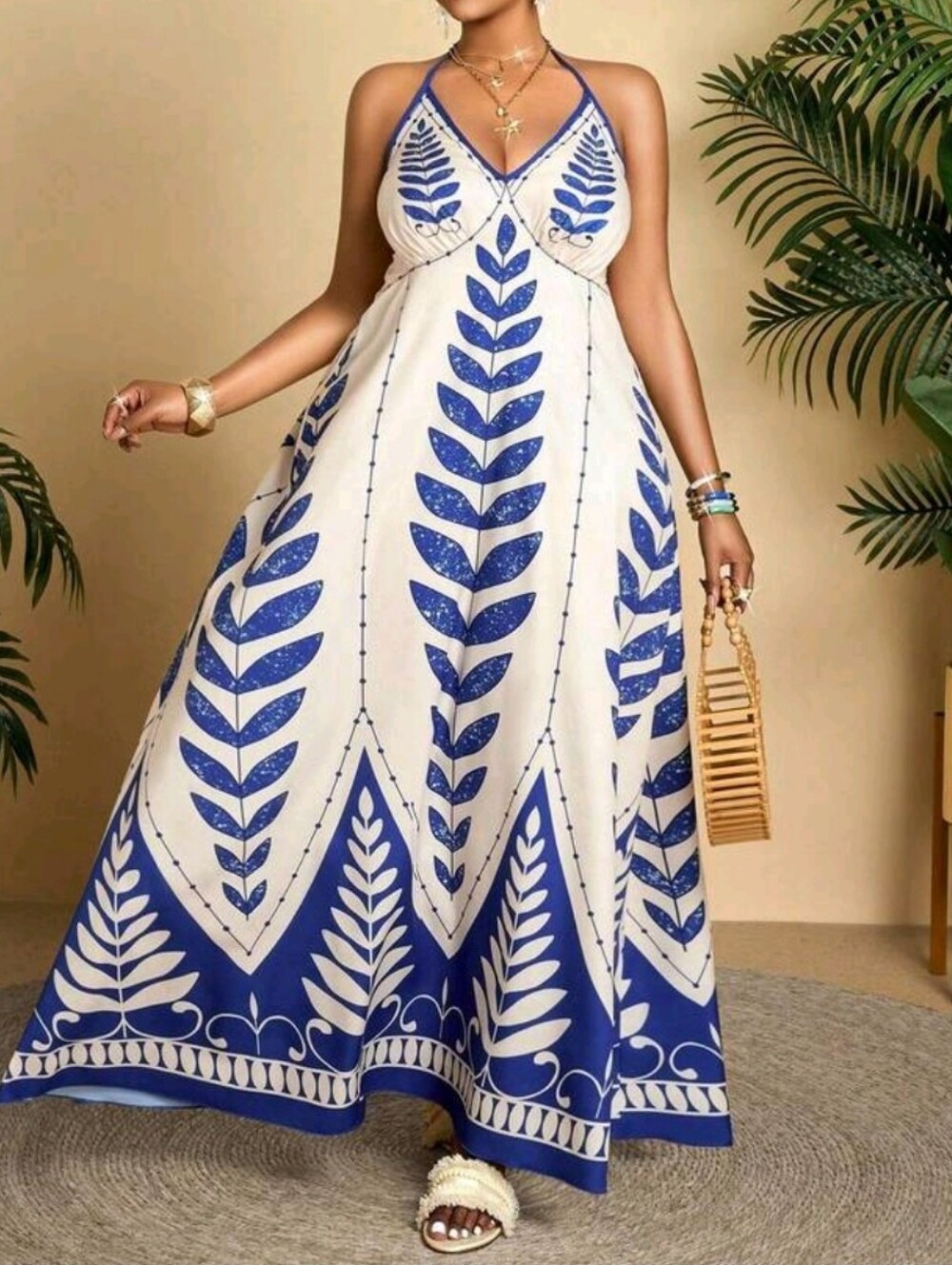 White and Blue Halter Maxi Dress with Leaf Print SIZES 16 AND 18